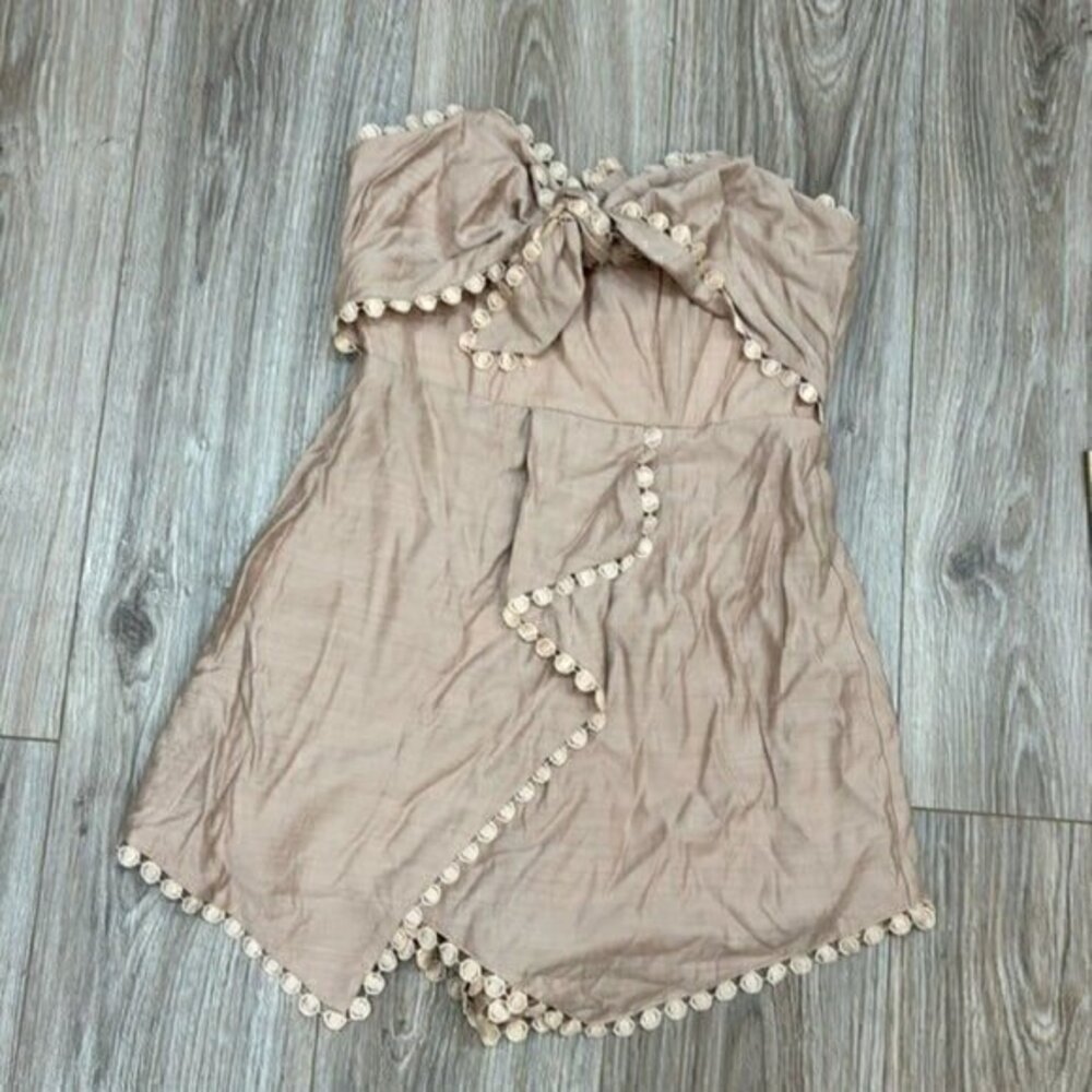 AllSaints Beige Strapless Pom-Pom Romper